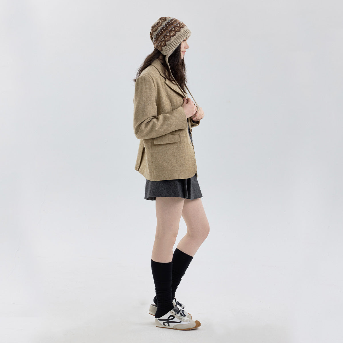 Fair Isle knit earflap bonnet with long ties, small fair isle pattern, brown/cream