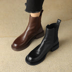 Women’s leather Chelsea ankle boots, brown and black, pull-on with low block heel