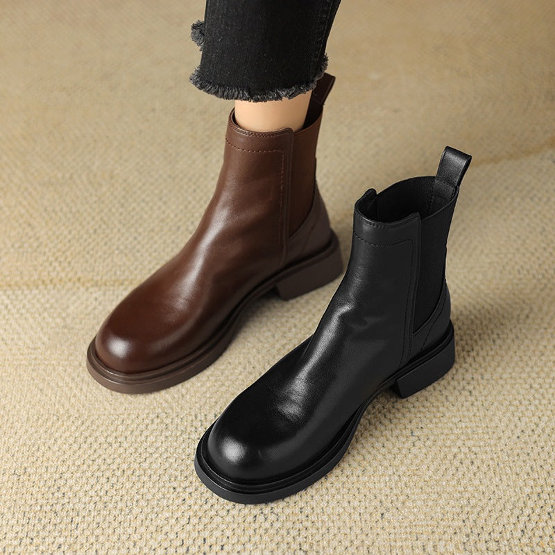 Women’s leather Chelsea ankle boots, brown and black, pull-on with low block heel
