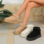 Women’s short snow boots set: beige, white, and black suede with thick rubber soles