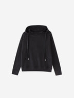 Black velvet hoodie with drawstring hood and long sleeves, women’s