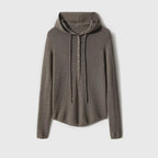 Women’s hooded henley sweater in dark gray-beige fine knit, button placket and drawstring hood