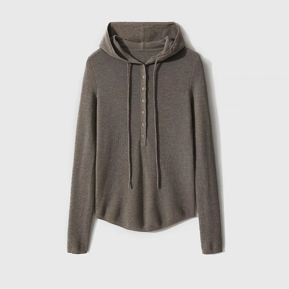 Women’s hooded henley sweater in dark gray-beige fine knit, button placket and drawstring hood