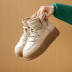Fleece-lined lace-up puffer snow boots in beige with quilted upper and platform sole