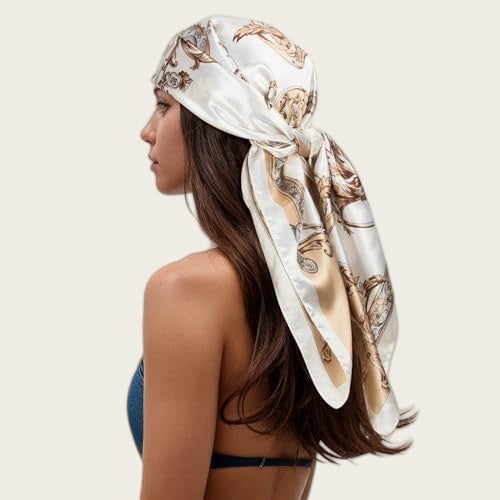 Cream satin square scarf head wrap with gold and brown paisley and chain print
