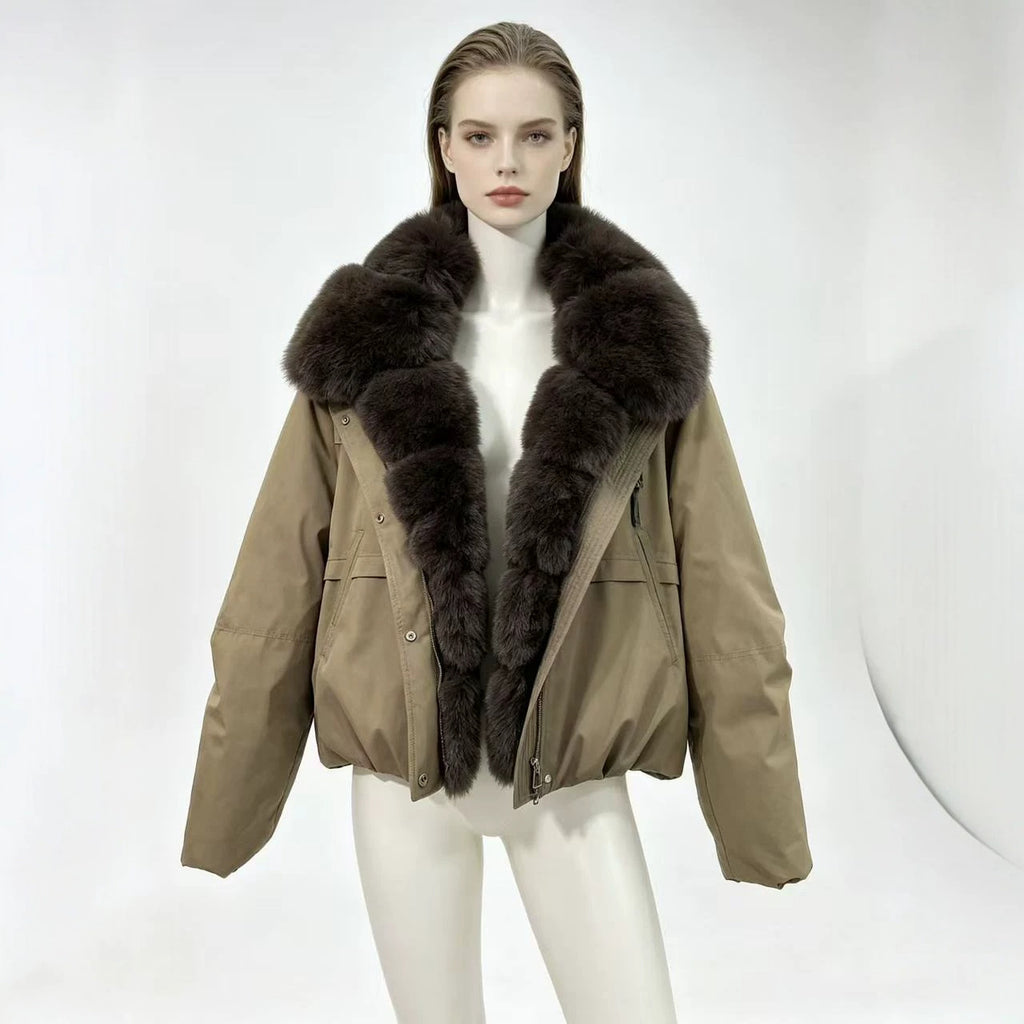 Cropped bomber jacket with faux fur collar, khaki nylon, front zipper and pockets