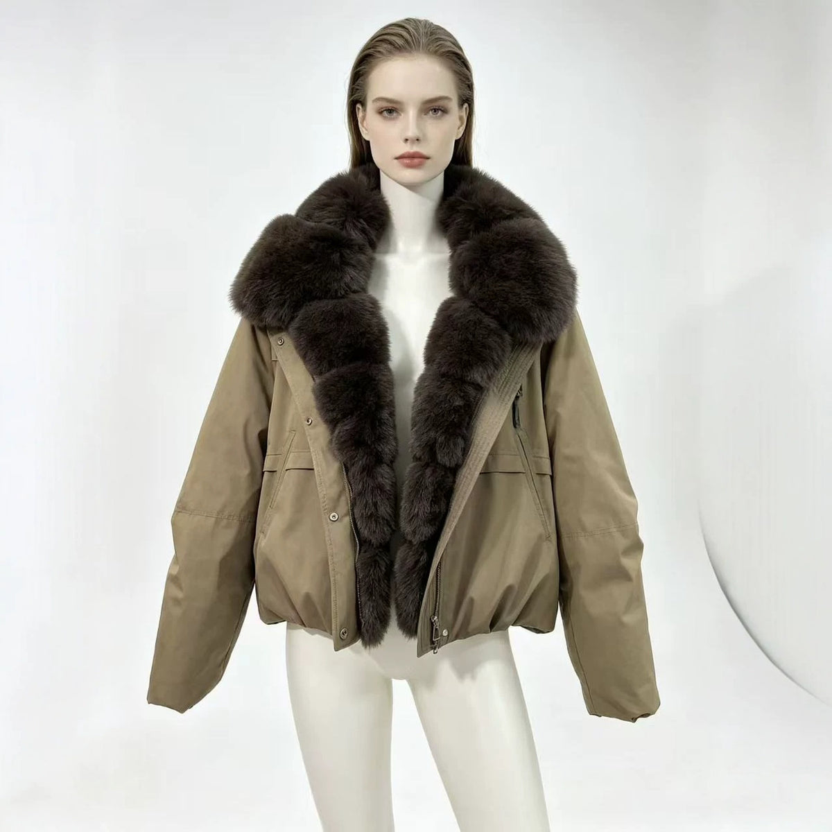 Cropped bomber jacket with faux fur collar, khaki nylon, front zipper and pockets