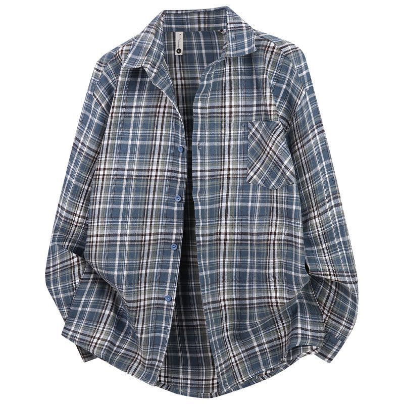 Women's blue plaid button-down shirt with chest pocket and long sleeves
