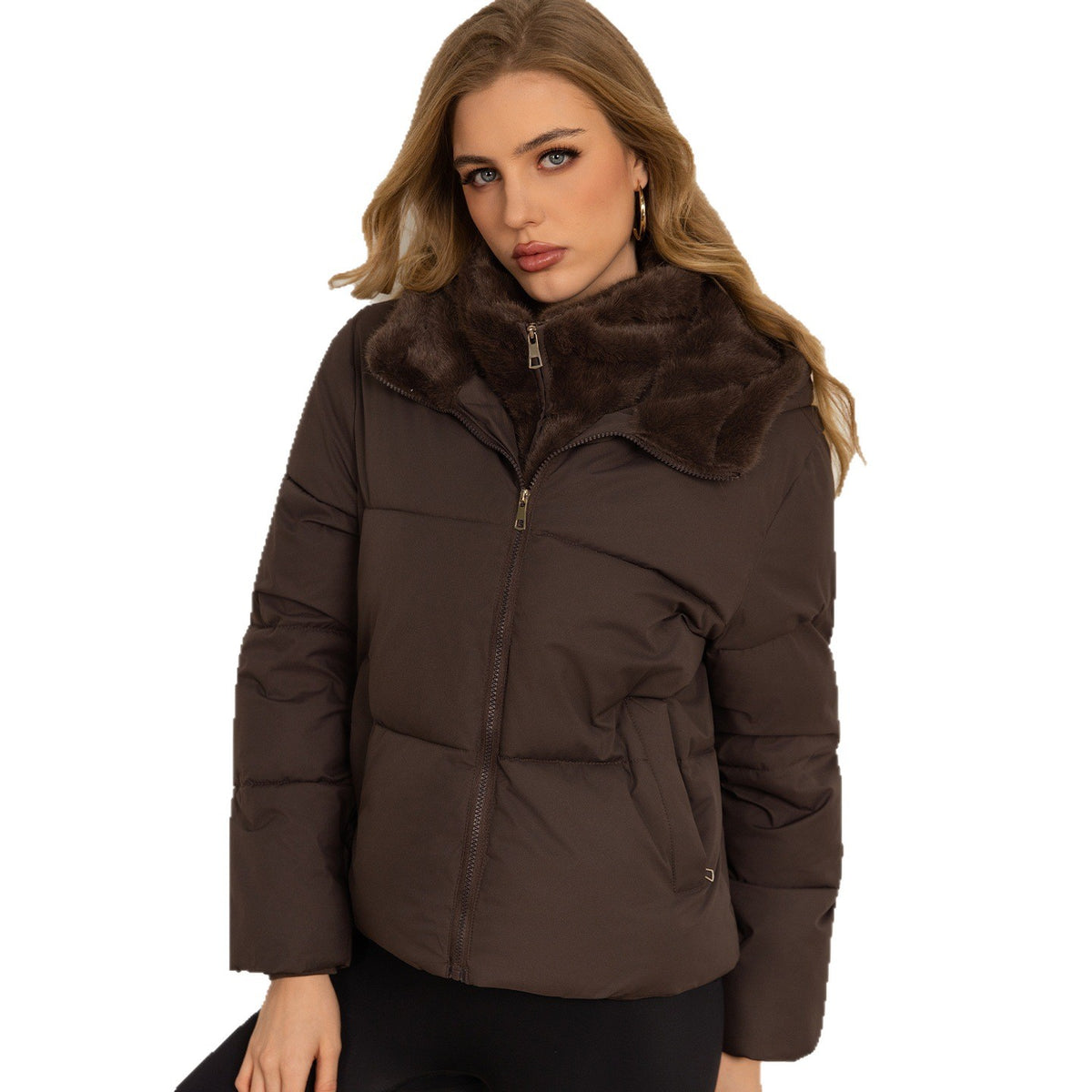 Women’s brown puffer jacket with stand collar faux fur and front zipper