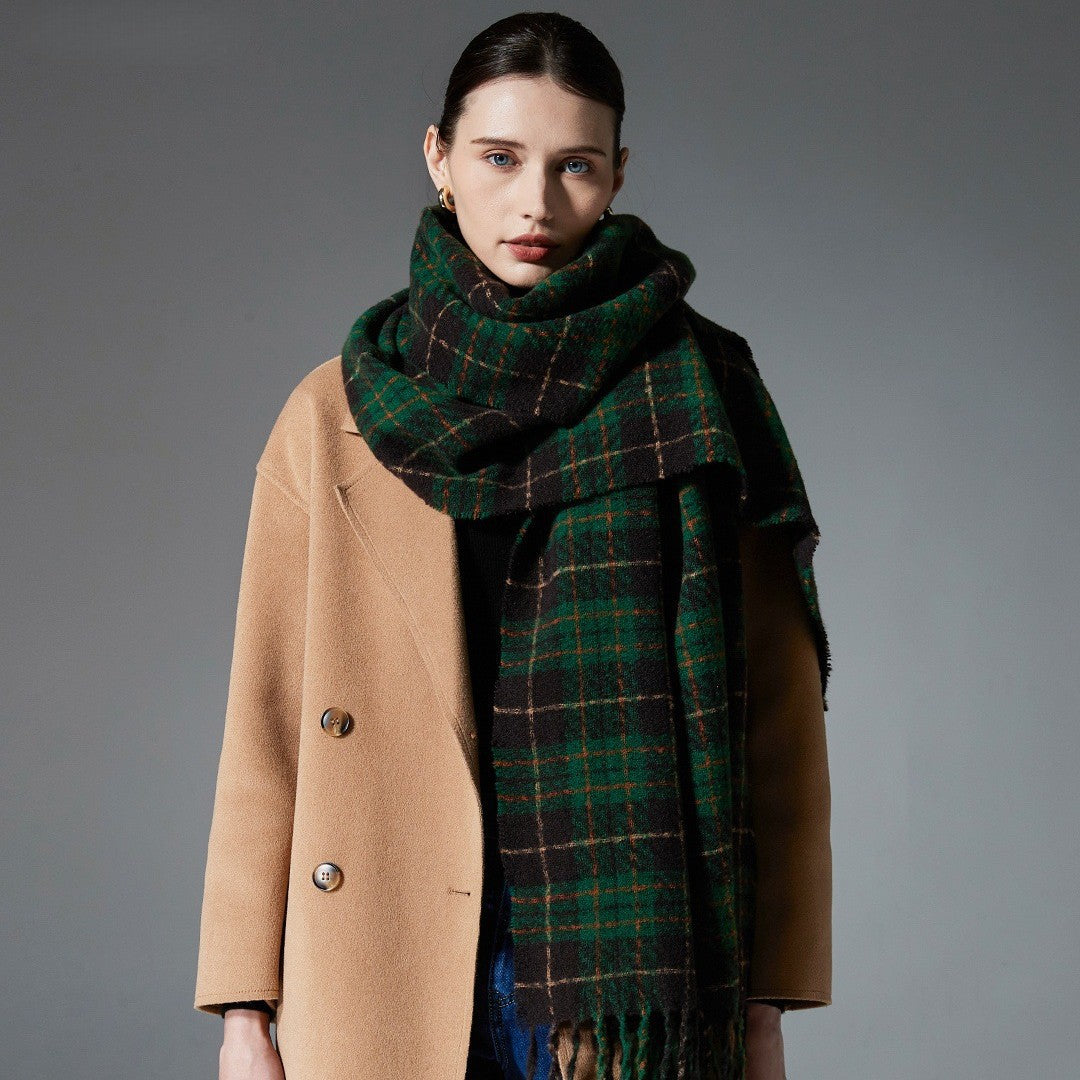 Green plaid scarf with fringes, long wrap around the neck