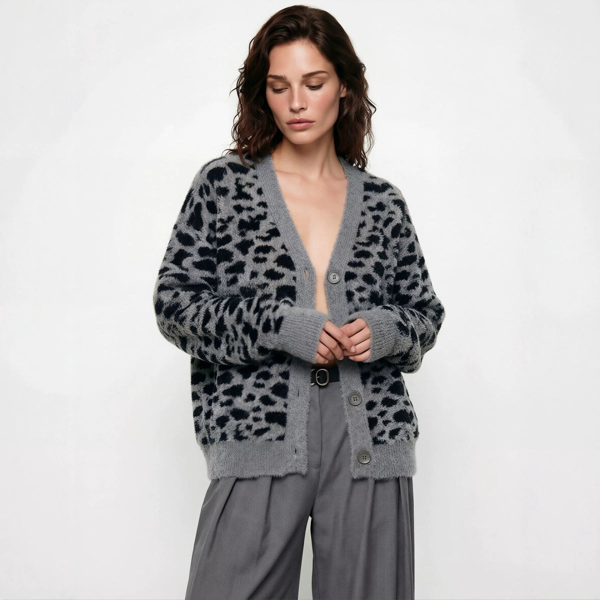 Fuzzy leopard-print cardigan with V-neck, button front, drop-shoulder sleeves, gray