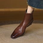 Brown square-toe Chelsea pull-on ankle boots with side elastic and low block heel
