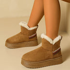 Women’s platform snow boots in brown faux suede with faux fur trim, slip-on ankle style