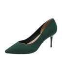 Women's pointed-toe knit stiletto pumps, dark green, side view