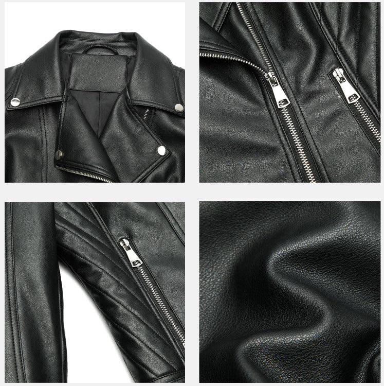 Black faux leather moto jacket details: zippers, snap tabs, textured finish.