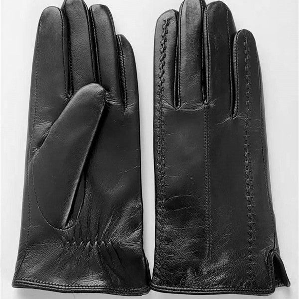 Women’s black leather gloves, front and back view with whipstitch edge trim