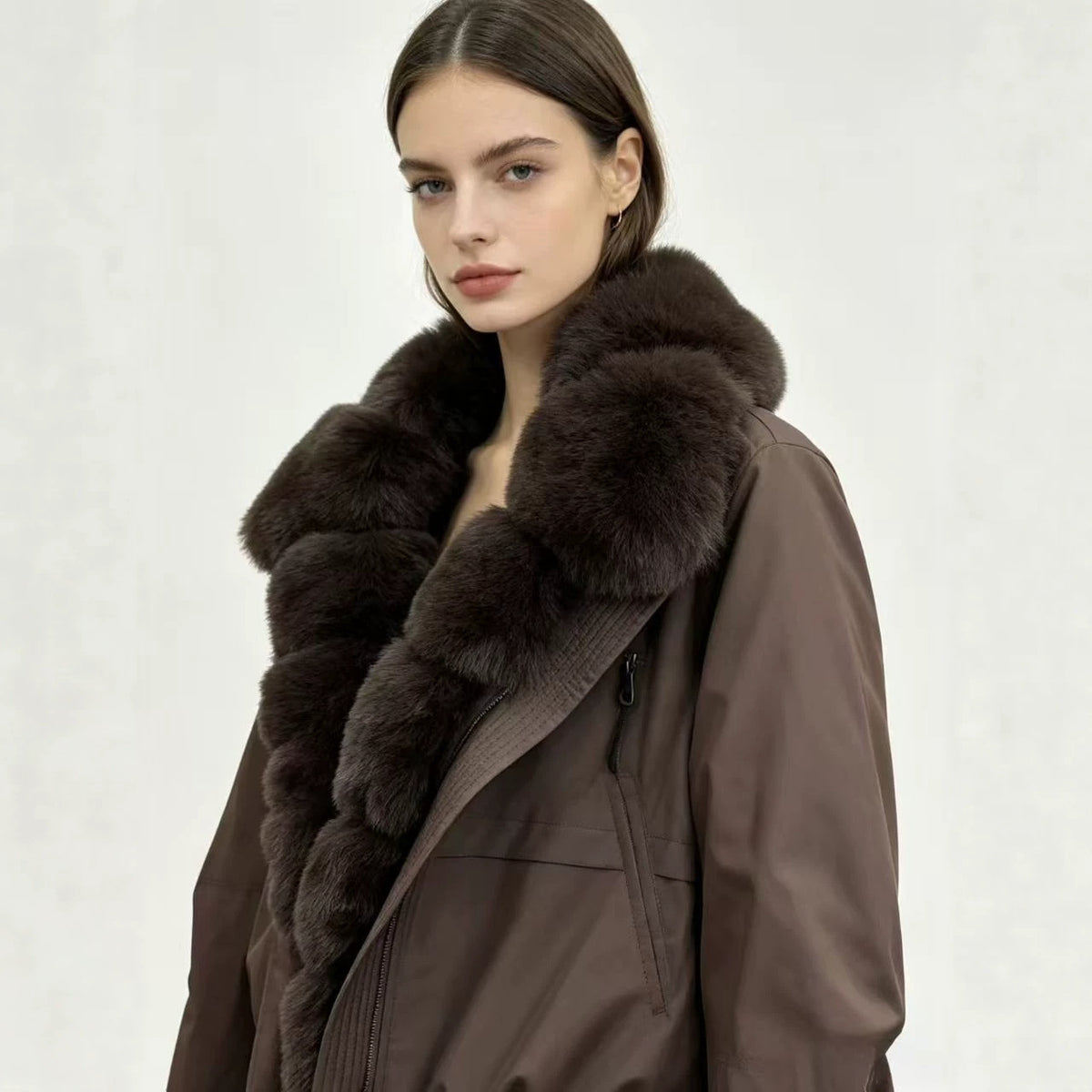 Cropped bomber jacket with faux fur collar, dark brown nylon, front zipper and pockets