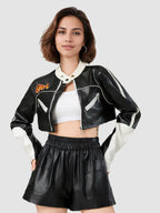 Cropped faux leather racer jacket with contrast collar and front zip; long sleeves