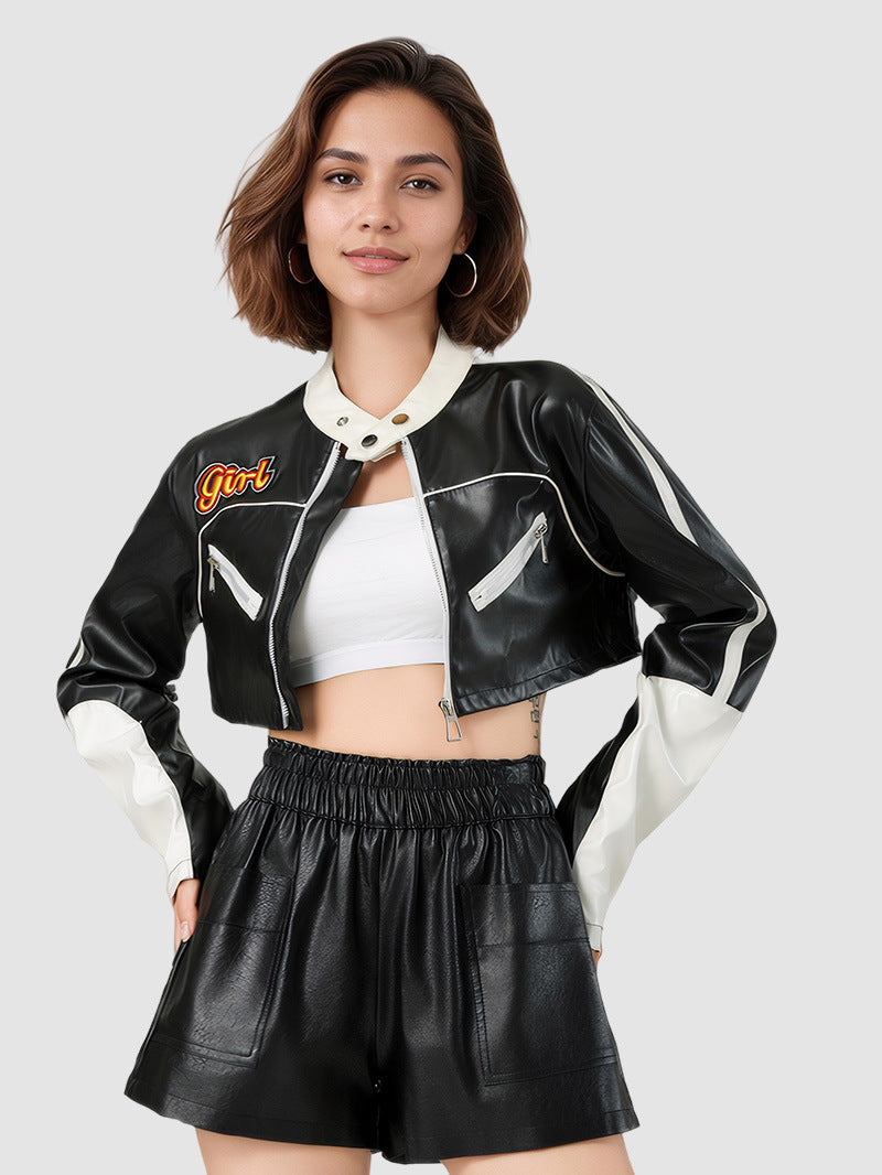 Cropped faux leather racer jacket with contrast collar and front zip; long sleeves