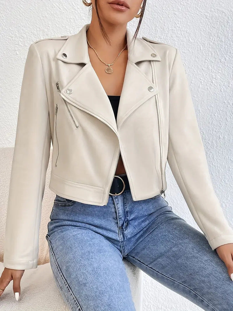 Women’s cream faux suede cropped moto jacket with zip front and side zip pockets
