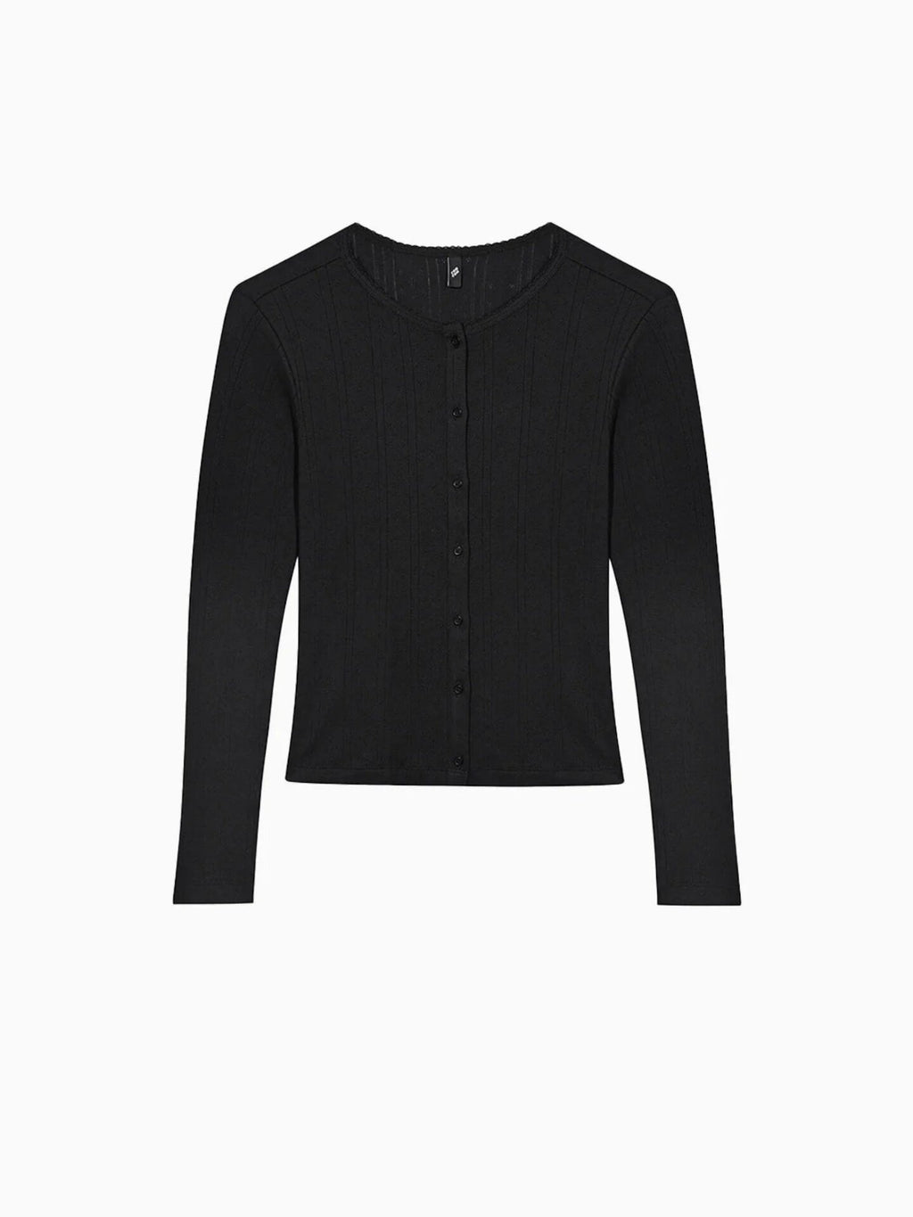 Black pointelle knit cardigan with button front and crew neck