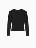 Black pointelle knit cardigan with button front and crew neck