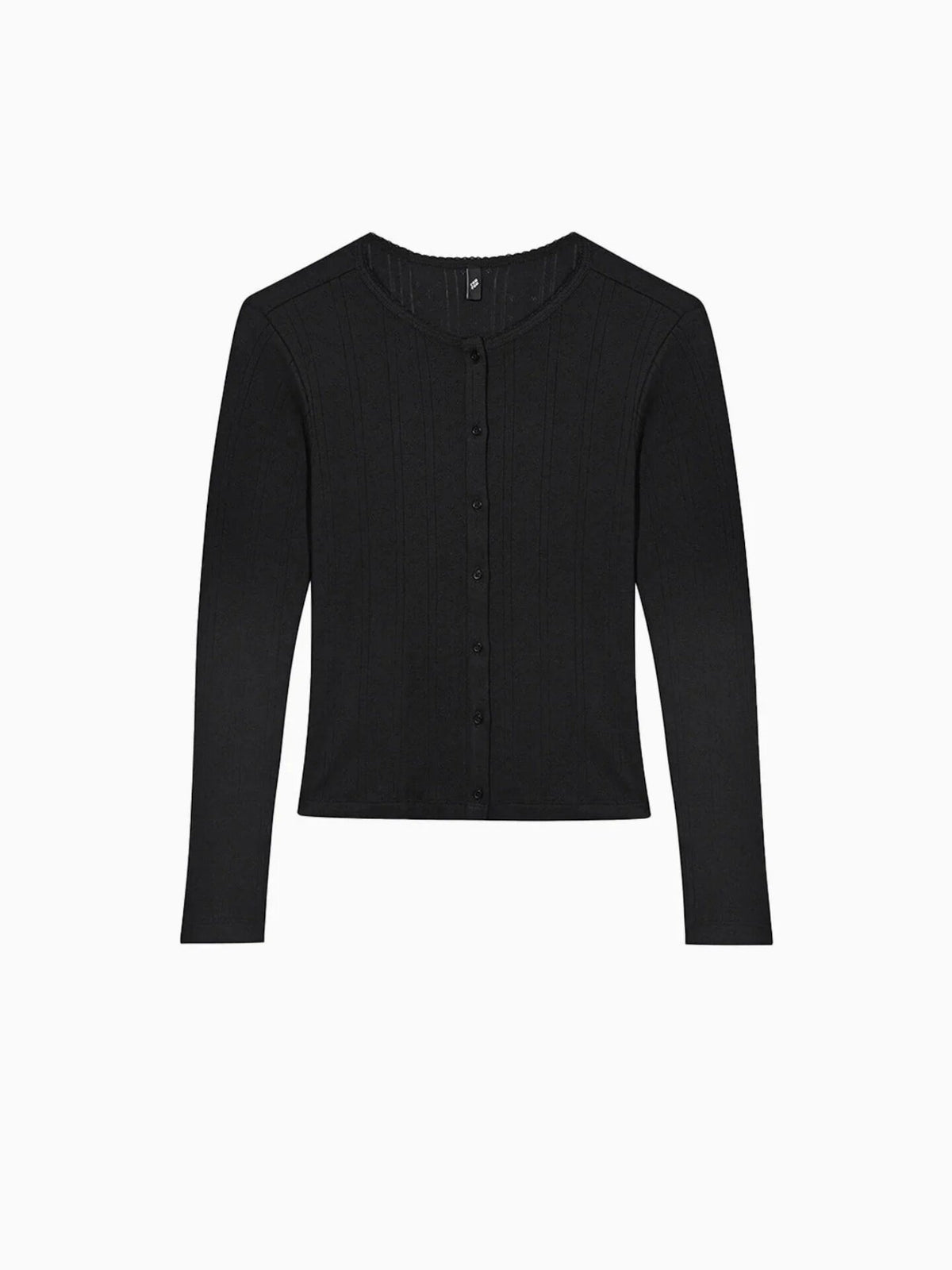 Black pointelle knit cardigan with button front and crew neck
