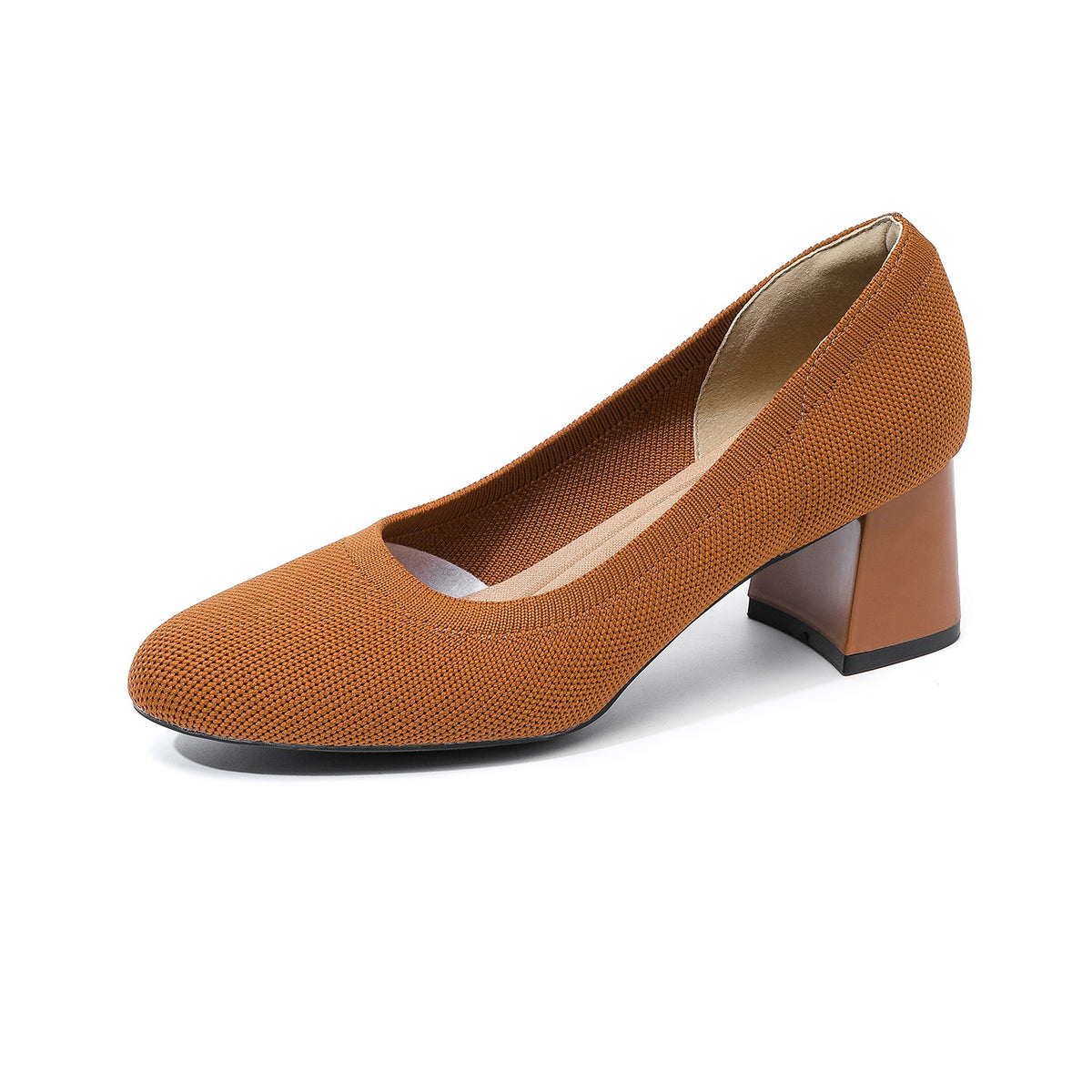 Camel knit slip-on block heel pumps, round toe