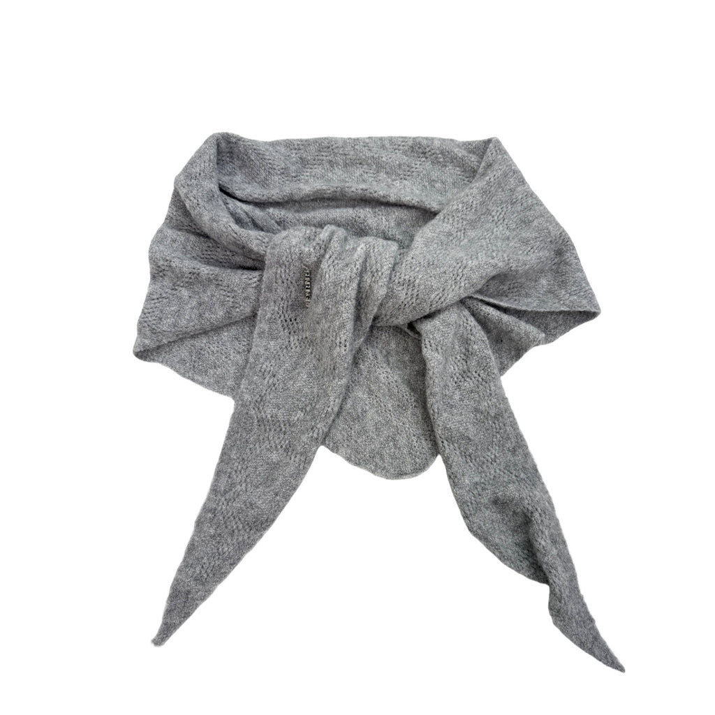 Light gray knit triangle scarf with openwork pattern and pointed ends