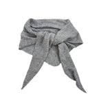 Light gray knit triangle scarf with openwork pattern and pointed ends