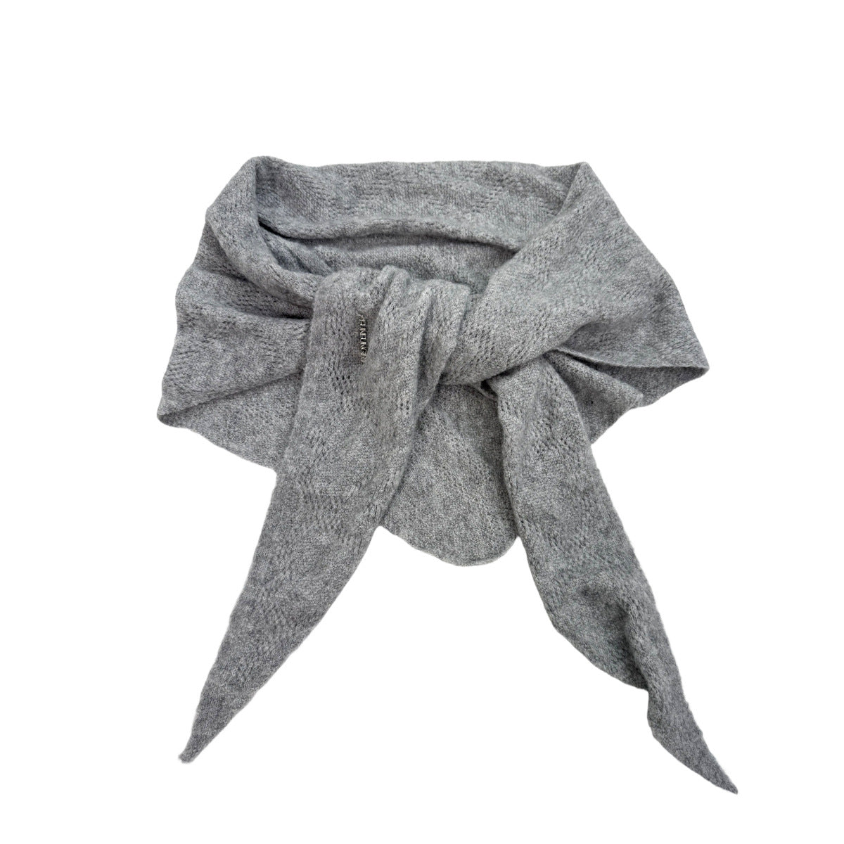 Light gray knit triangle scarf with openwork pattern and pointed ends