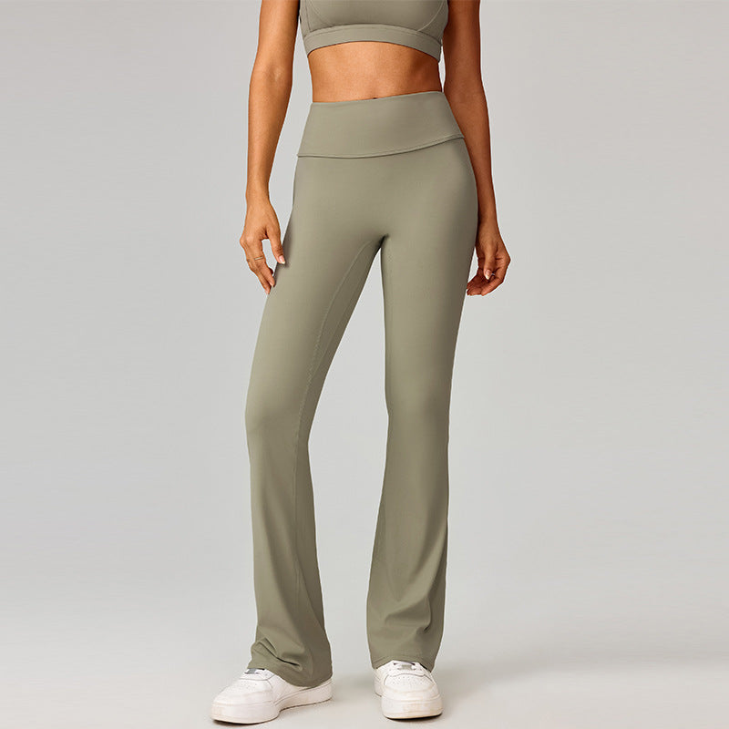 Olive-sage high-waisted flare leggings, front view with roomy bootcut legs.