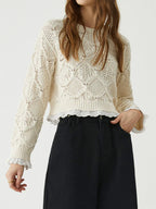 Cropped off-white knit sweater with crew neck and eyelet lace-trim hem, long balloon sleeves