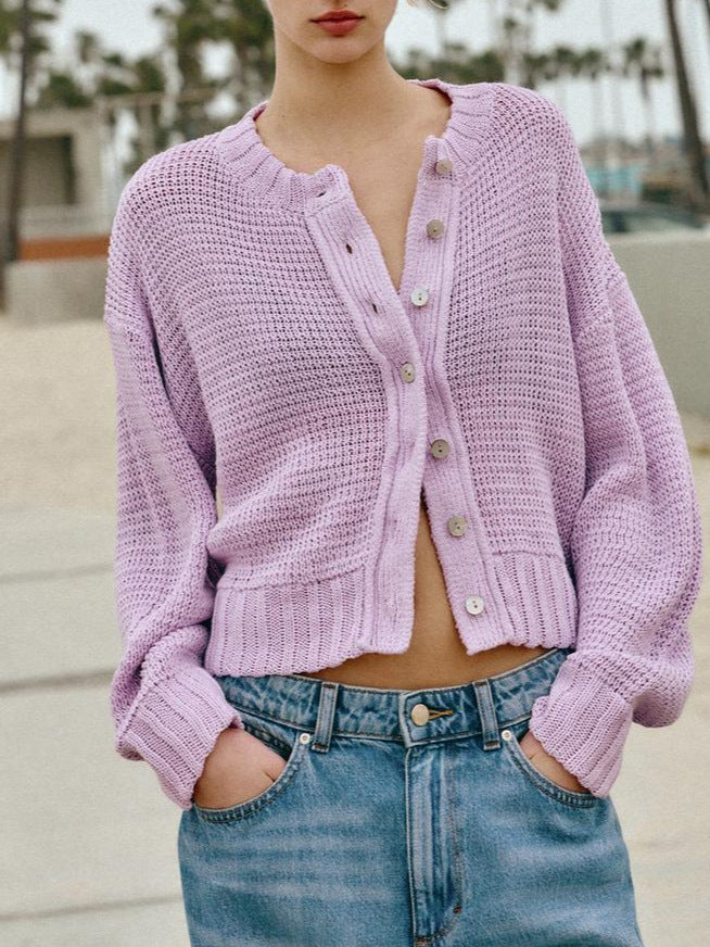 Light purple open-knit cropped cardigan with button placket, ribbed cuffs, V-neck