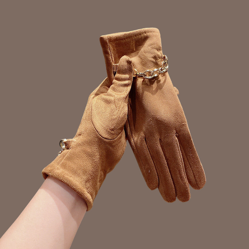 Camel faux suede gloves with gold chain-link cuff on hand, full fingers