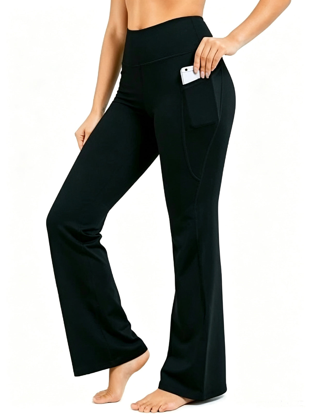 Black high-waisted flare yoga pants with side phone pocket