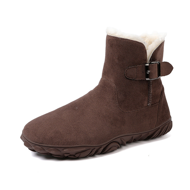 Brown mid-calf snow boots with buckled side strap, plush cuff, and grippy tread sole
