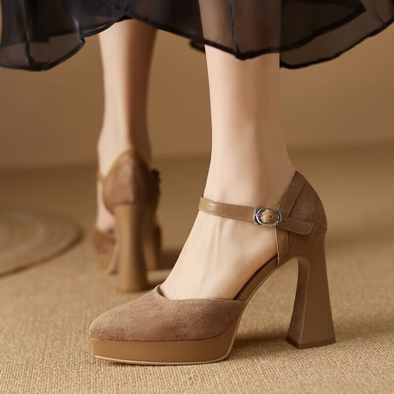 Camel suede platform pump with closed toe, buckle ankle strap and chunky heel