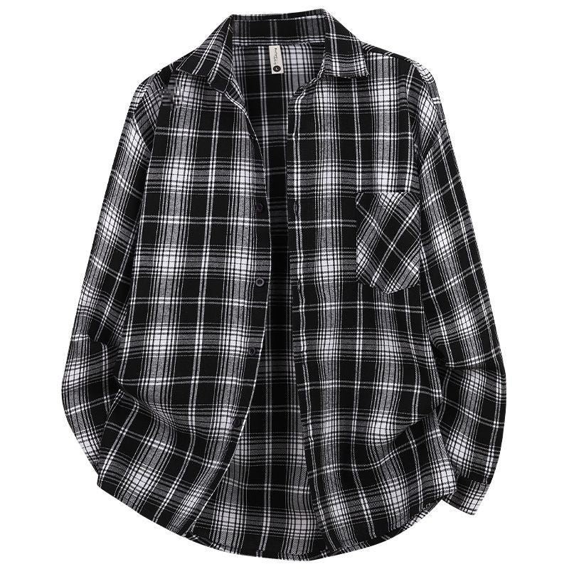 Women's black-and-white plaid button-down shirt with chest pocket and long sleeves