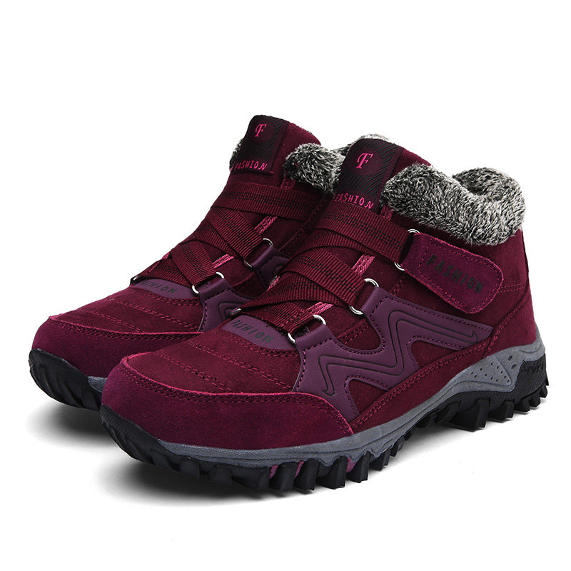 Women’s burgundy faux suede snow boots with fur lining, hook-and-loop straps, lug sole
