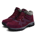 Women’s burgundy faux suede snow boots with fur lining, hook-and-loop straps, lug sole