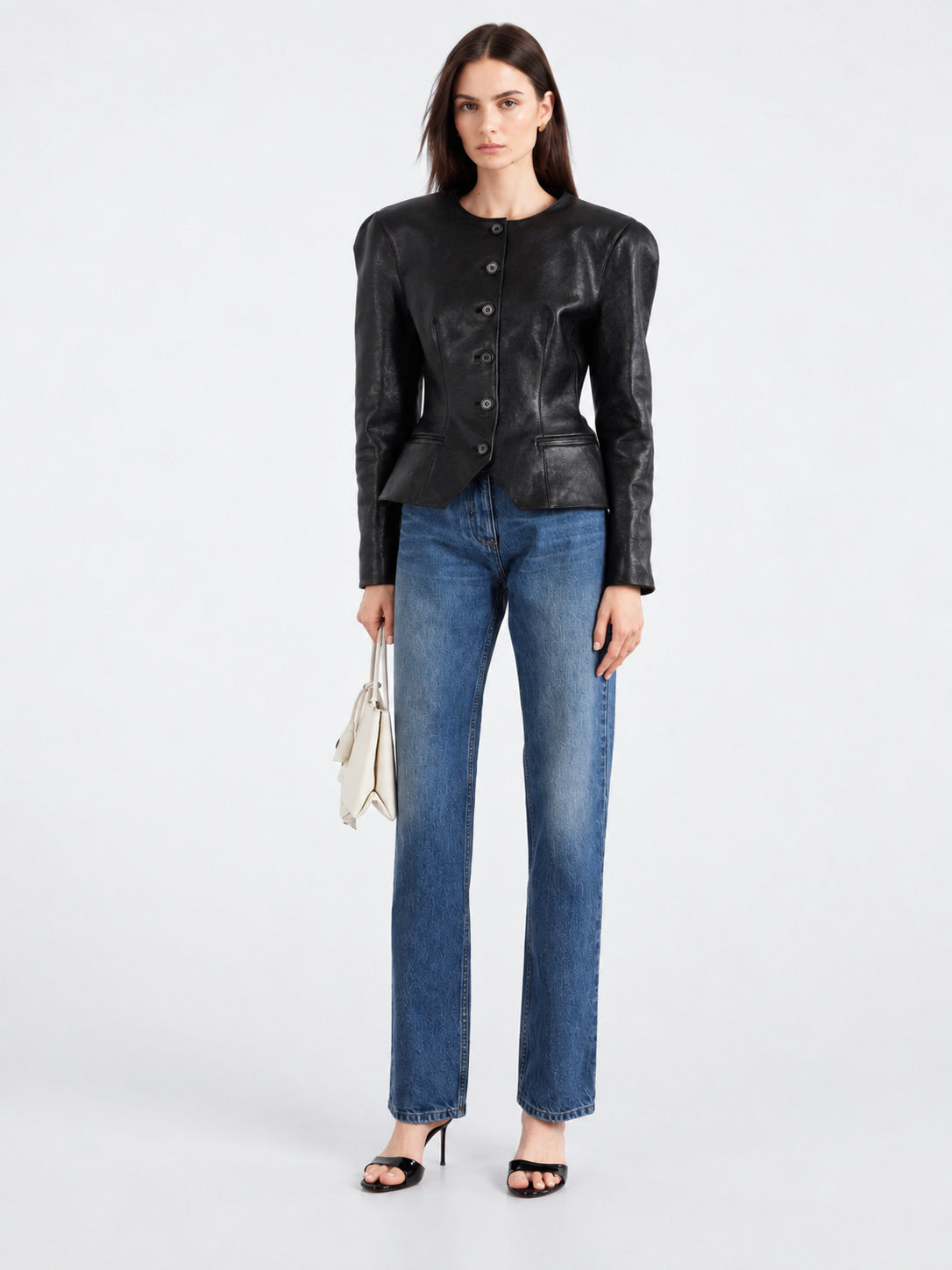 Black faux leather blazer jacket with round neckline and button front