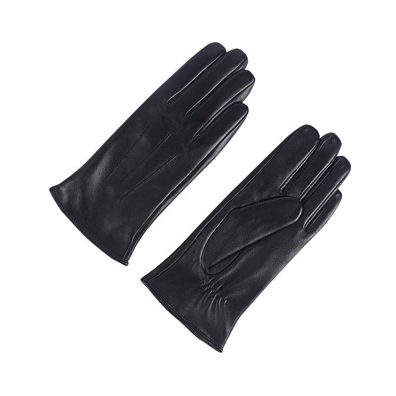 Women's black leather winter gloves, fleece-lined, three-panel stitched design