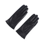 Women's black leather winter gloves, fleece-lined, three-panel stitched design
