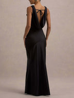Black satin maxi dress, open tie-back with cowl neckline and sleeveless cut.