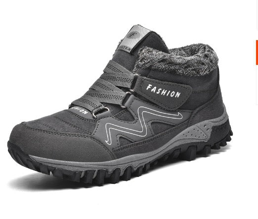 Gray snow boots with faux fur lining, hook-and-loop straps, lug sole
