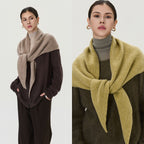 Wool triangle scarf for women, fuzzy knit wrap in taupe and dark brown panels