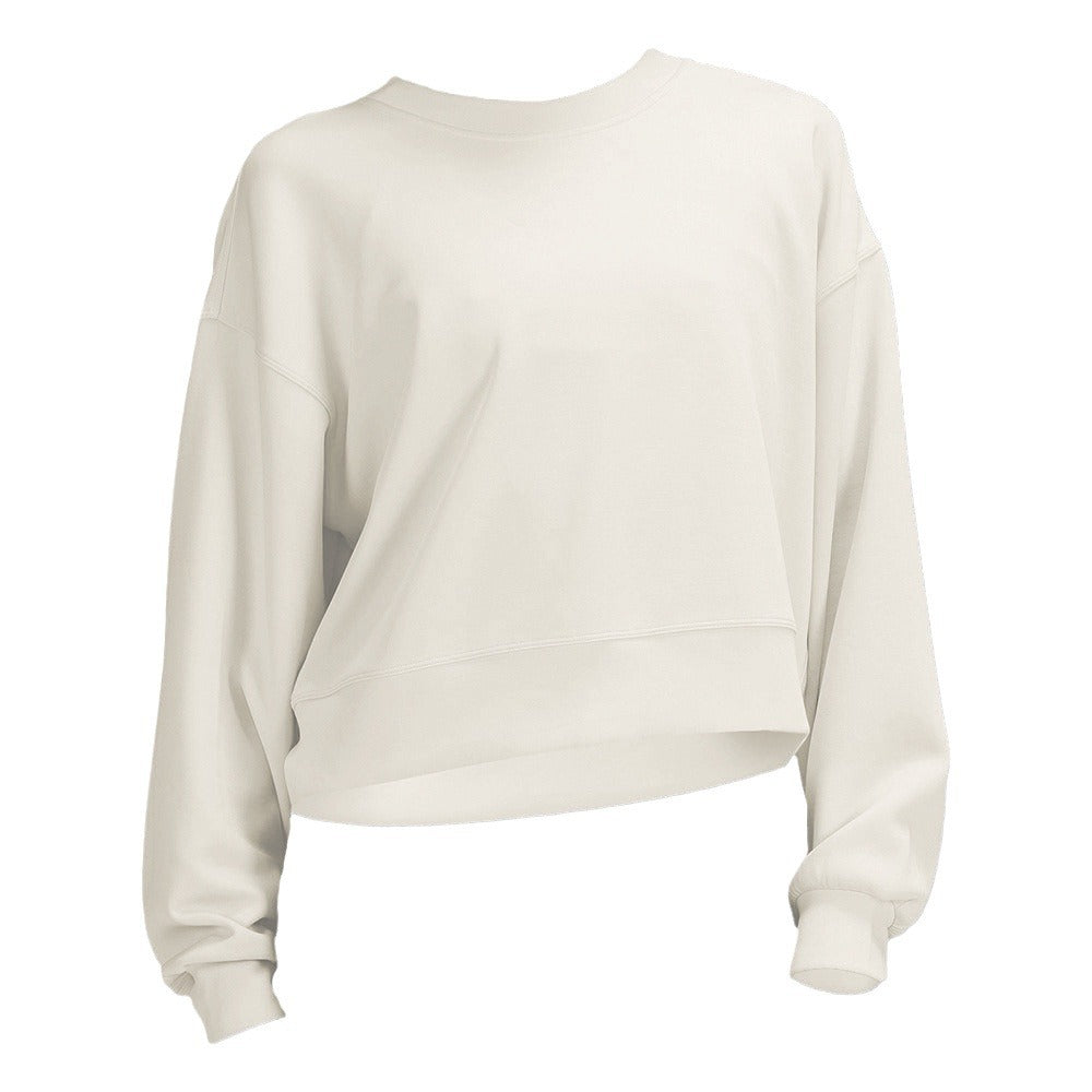 Off-white cropped crewneck sweatshirt with long sleeves and ribbed hem