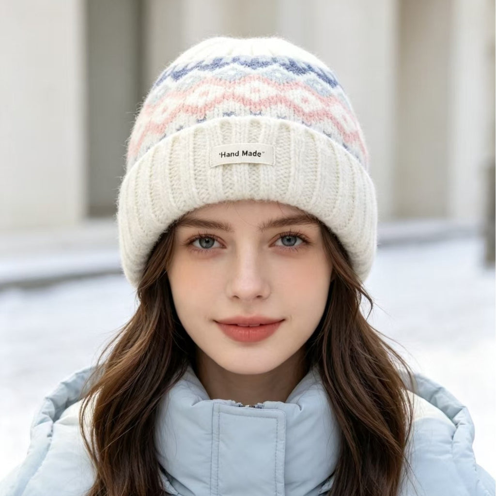 Women’s knit beanie with Fair Isle pattern and ribbed cuff, off-white with light blue and pink