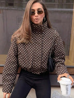 Brown polka dot cropped puffer jacket with stand collar and zip front